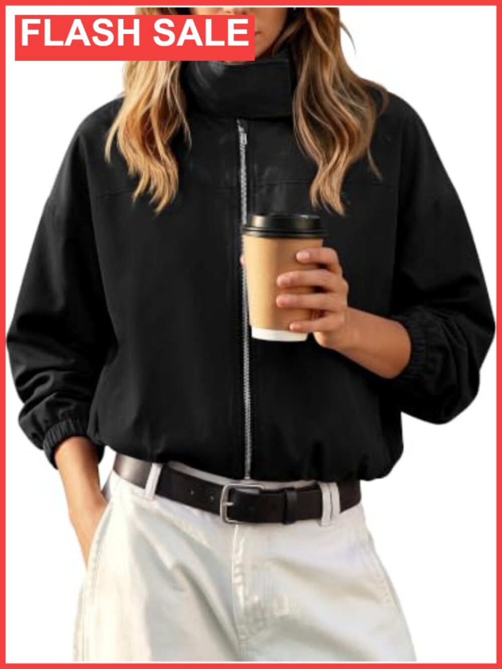 Women Funnel Neck Cropped Bomber Jacket Lightweight Zip Windproof
